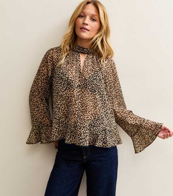 new look Brown Animal Print High Neck Keyhole Blouse