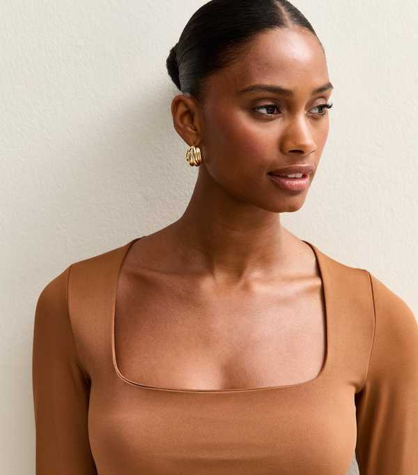 New Look Brown Slinky Jersey Square Neck Long Sleeve Bodysuit