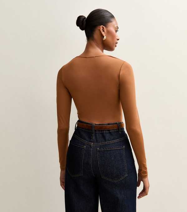 New Look Brown Slinky Jersey Square Neck Long Sleeve Bodysuit