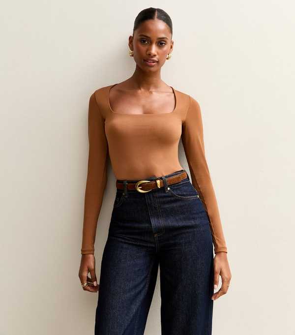 new look Brown Slinky Jersey Square Neck Long Sleeve Bodysuit