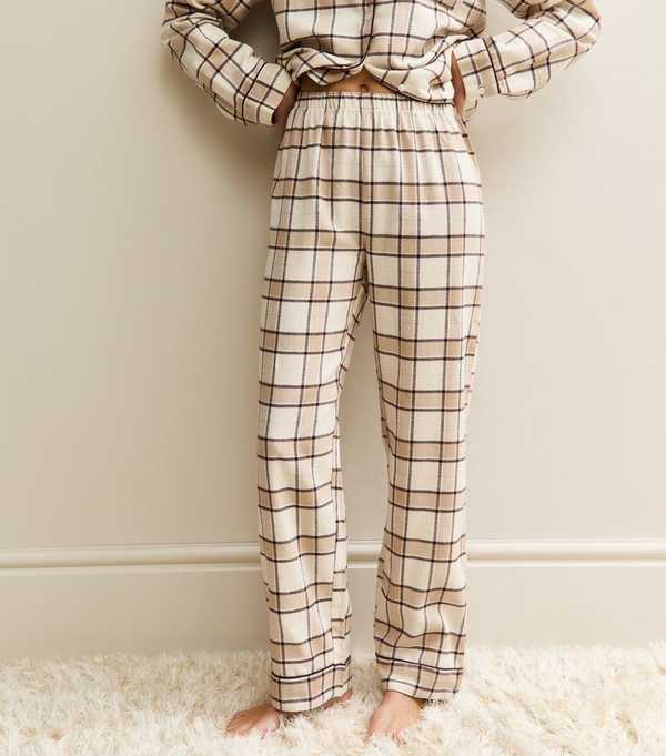 New Look Brown Woven Check Pattern Revere Collar Pyjama Set