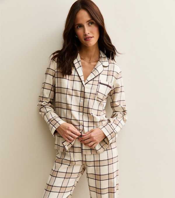 New Look Brown Woven Check Pattern Revere Collar Pyjama Set