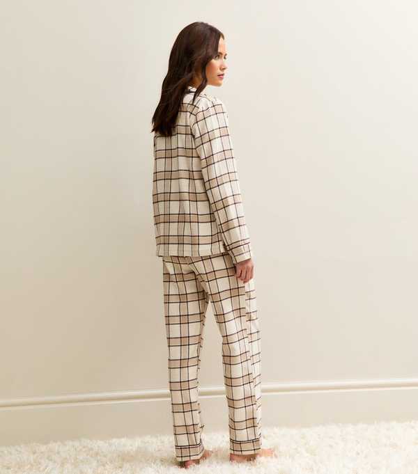 New Look Brown Woven Check Pattern Revere Collar Pyjama Set