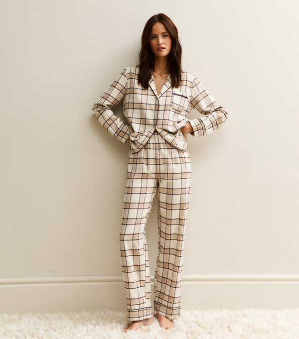 new look Brown Woven Check Pattern Revere Collar Pyjama Set
