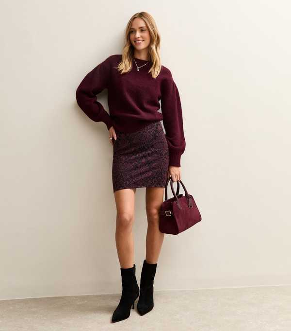 New Look Burgundy Baroque Pattern Jersey Mini Skirt