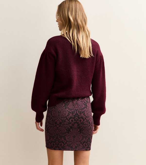 New Look Burgundy Baroque Pattern Jersey Mini Skirt