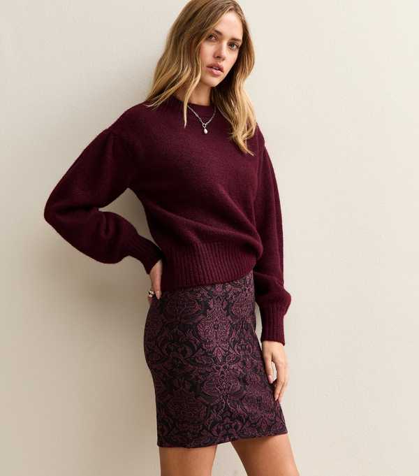 new look Burgundy Baroque Pattern Jersey Mini Skirt