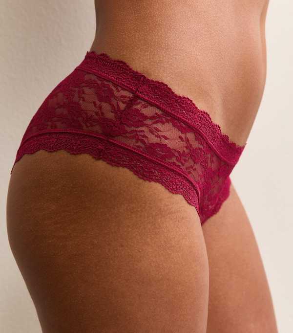 New Look Burgundy Floral Mesh Lace Trimmed Brief Shorts