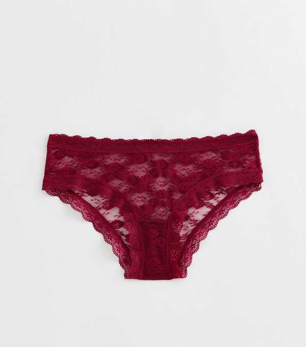 New Look Burgundy Floral Mesh Lace Trimmed Brief Shorts