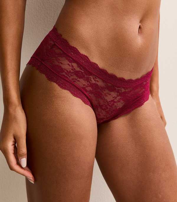 new look Burgundy Floral Mesh Lace Trimmed Brief Shorts