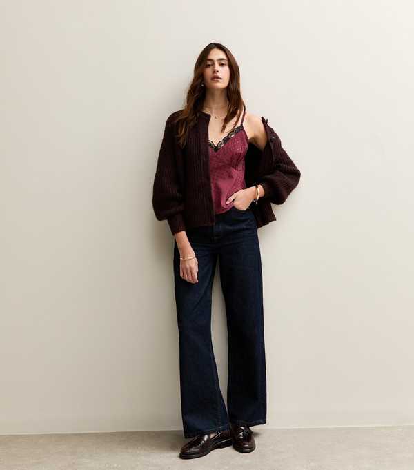 New Look Burgundy Polka Dot Satin Lace Trim Cami Top