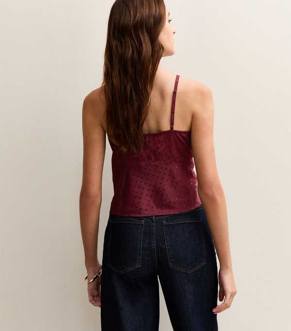 New Look Burgundy Polka Dot Satin Lace Trim Cami Top