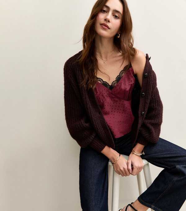 new look Burgundy Polka Dot Satin Lace Trim Cami Top