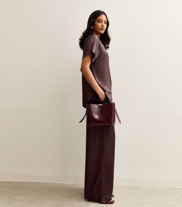 New Look Burgundy Shimmer Textured Wide Leg Trousers