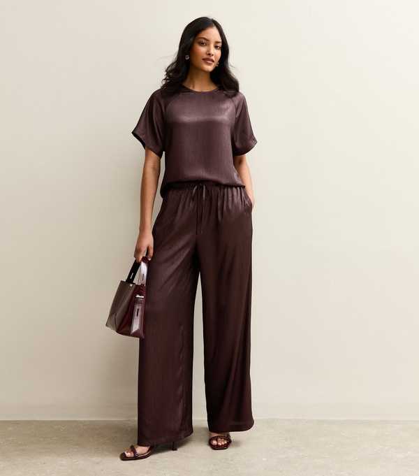 New Look Burgundy Shimmer Textured Wide Leg Trousers
