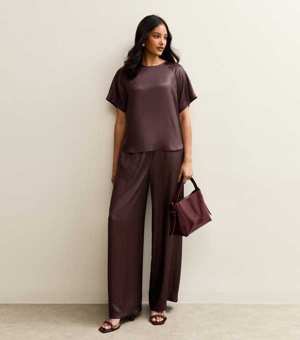 new look Burgundy Shimmer Textured Wide Leg Trousers