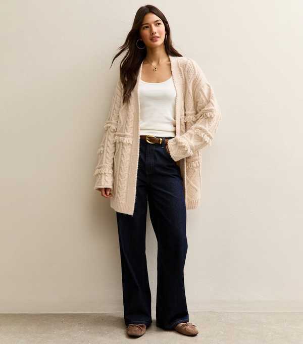 New Look Cream Fringed Longline Cable Knit Cardigan