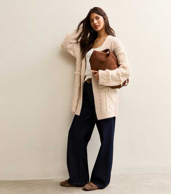 New Look Cream Fringed Longline Cable Knit Cardigan