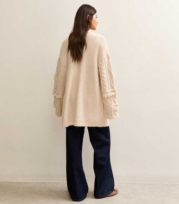 New Look Cream Fringed Longline Cable Knit Cardigan