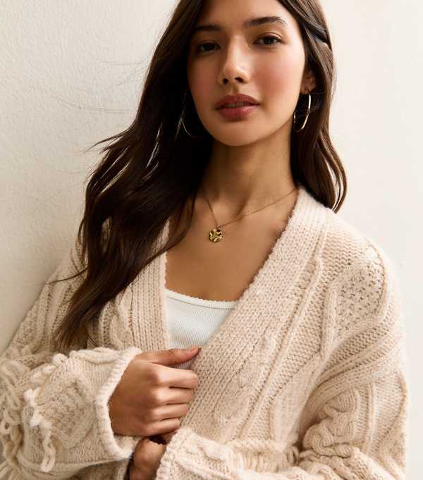 new look Cream Fringed Longline Cable Knit Cardigan