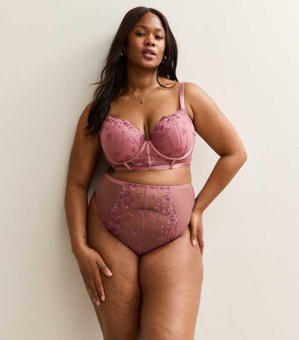 new look Curves Pink Embroidered High Waisted Brazilian Briefs