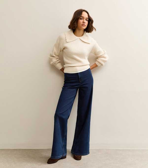 new look Dark Blue High Waist Stretch Denim Wide Leg Jeans