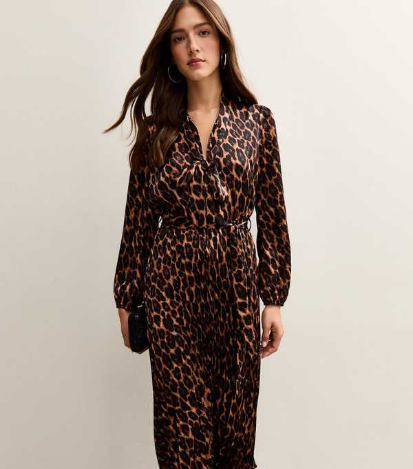 New Look Dark Brown Animal Print Pleated Long Sleeve Midi Dress