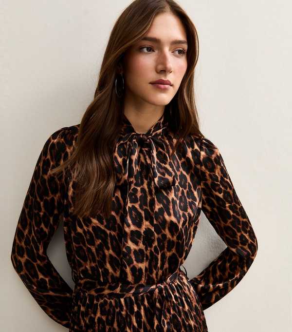 New Look Dark Brown Animal Print Pleated Long Sleeve Midi Dress