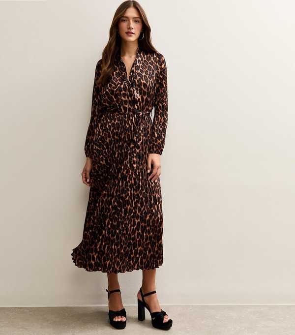 new look Dark Brown Animal Print Pleated Long Sleeve Midi Dress