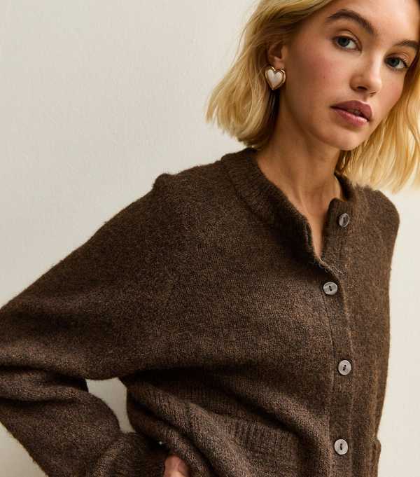 New Look Dark Brown Double Pocket Textured Knit Cardigan