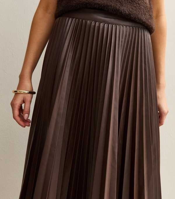 New Look Dark Brown Faux Leather Pleated Midi Skirt