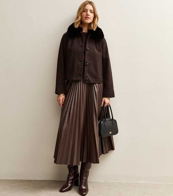 New Look Dark Brown Faux Leather Pleated Midi Skirt