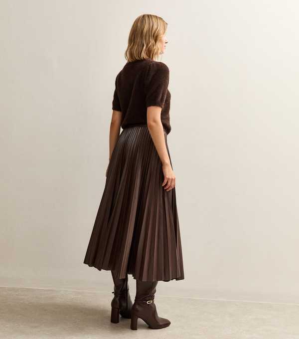 New Look Dark Brown Faux Leather Pleated Midi Skirt