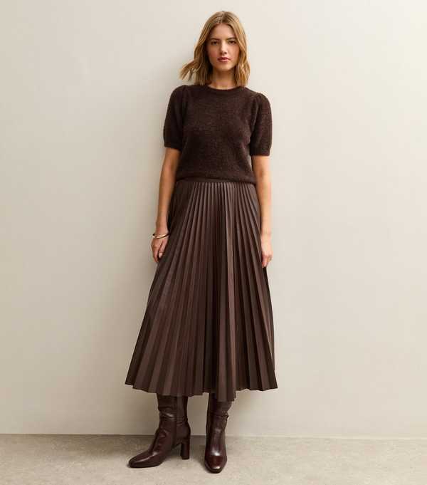 new look Dark Brown Faux Leather Pleated Midi Skirt
