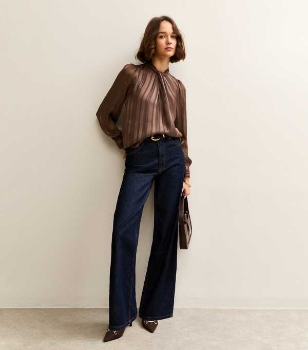 New Look Dark Brown Metallic Stripe High Neck Blouse