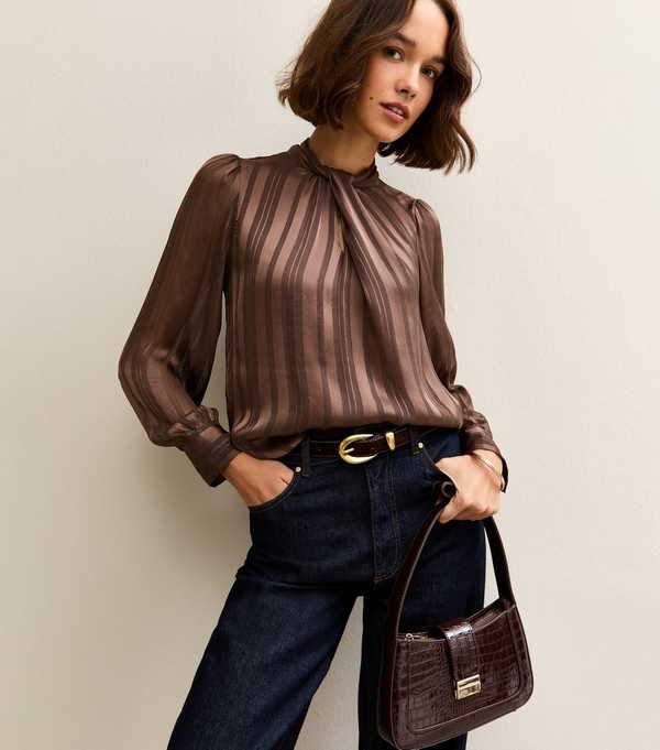 new look Dark Brown Metallic Stripe High Neck Blouse