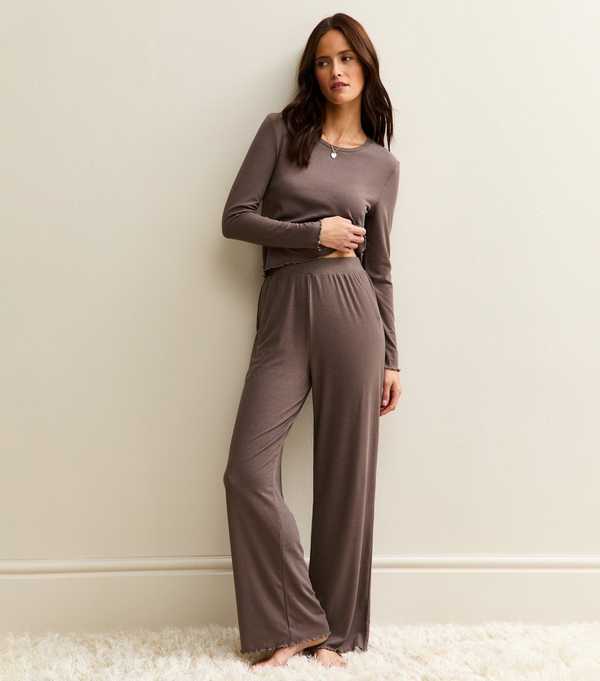 new look Dark Brown Ribbed Jersey Long Sleeve Top and Trousers Pyjama Set