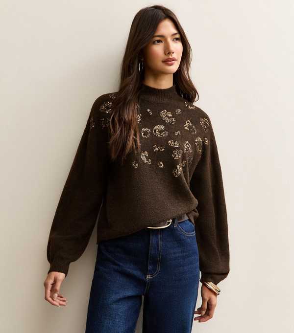 New Look Dark Brown Sequin Animal Motif Mock Neck Jumper