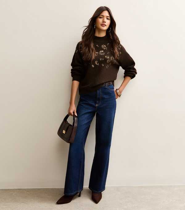 New Look Dark Brown Sequin Animal Motif Mock Neck Jumper