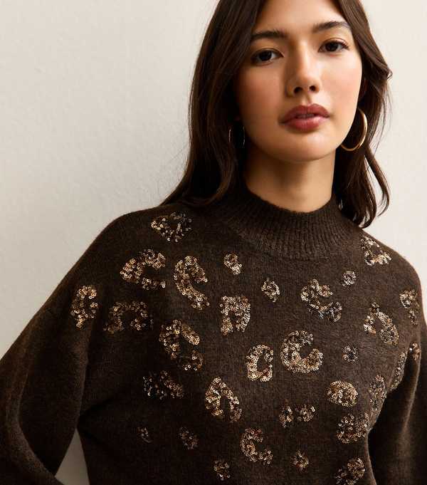 new look Dark Brown Sequin Animal Motif Mock Neck Jumper
