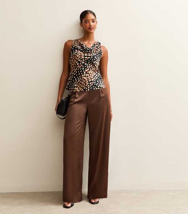 New Look Dark Brown Soft Touch Satin Wide Leg Trousers