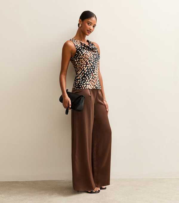 new look Dark Brown Soft Touch Satin Wide Leg Trousers