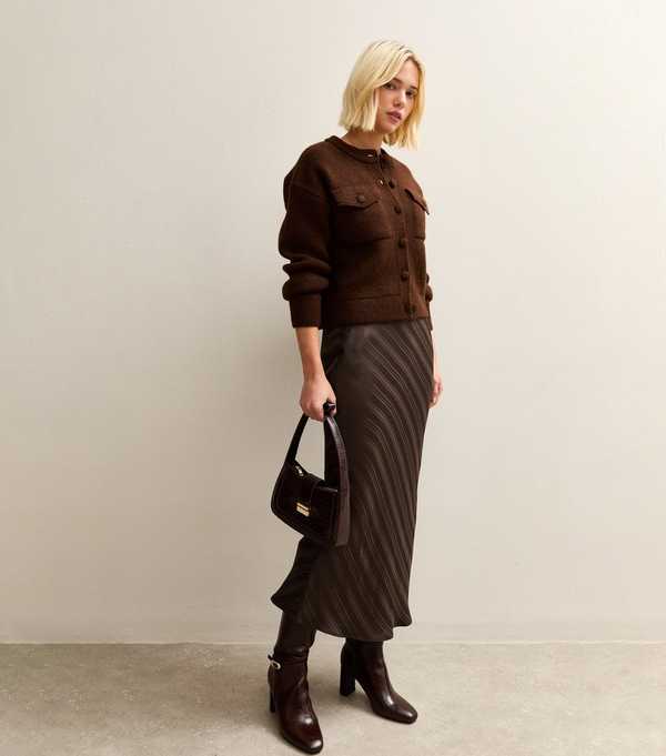 New Look Dark Brown Striped Satin Bias Cut Midi Skirt