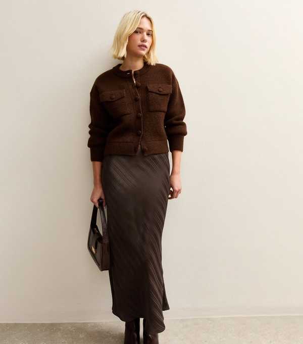 New Look Dark Brown Striped Satin Bias Cut Midi Skirt