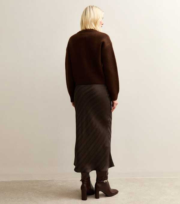 New Look Dark Brown Striped Satin Bias Cut Midi Skirt
