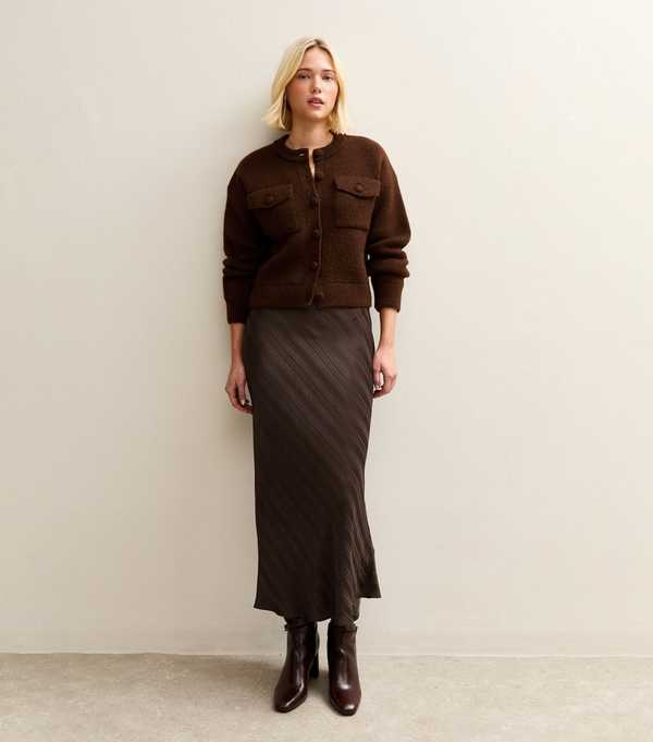 new look Dark Brown Striped Satin Bias Cut Midi Skirt