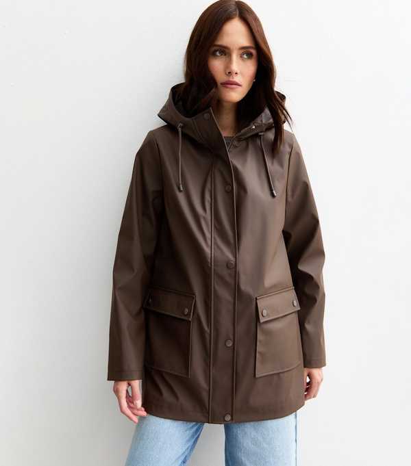 New Look Dark Brown Water Resistant Drawstring Hood Rain Anorak