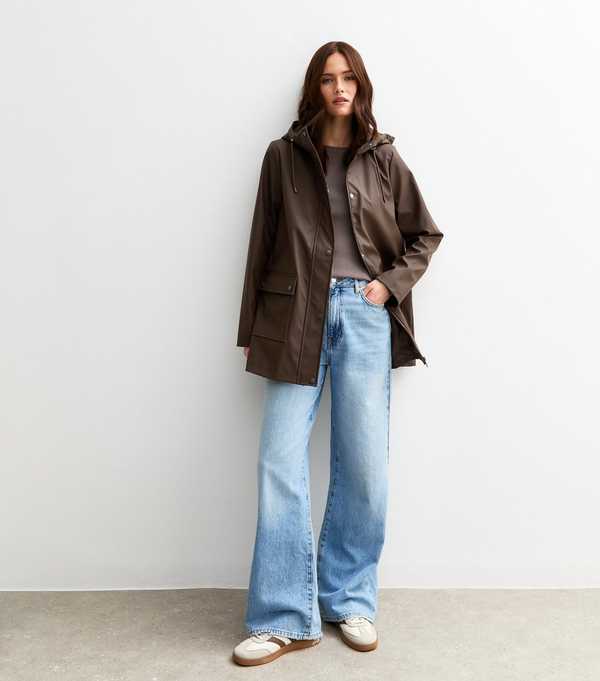 New Look Dark Brown Water Resistant Drawstring Hood Rain Anorak