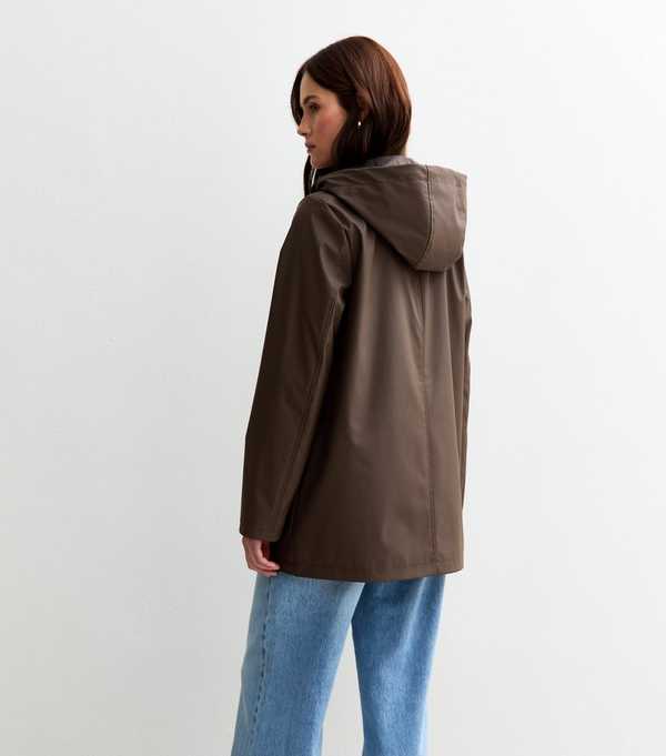 New Look Dark Brown Water Resistant Drawstring Hood Rain Anorak