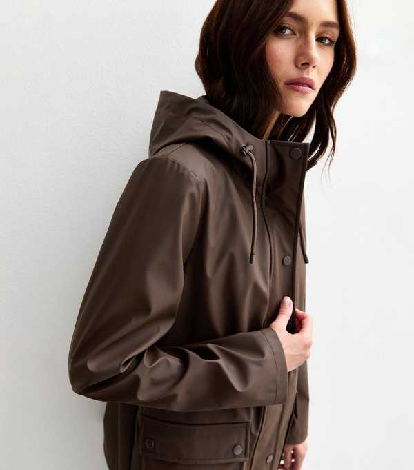 new look Dark Brown Water Resistant Drawstring Hood Rain Anorak